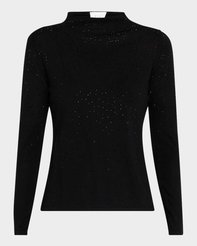 Superfine Cashmere Rhinestone Mock-Neck Sweat